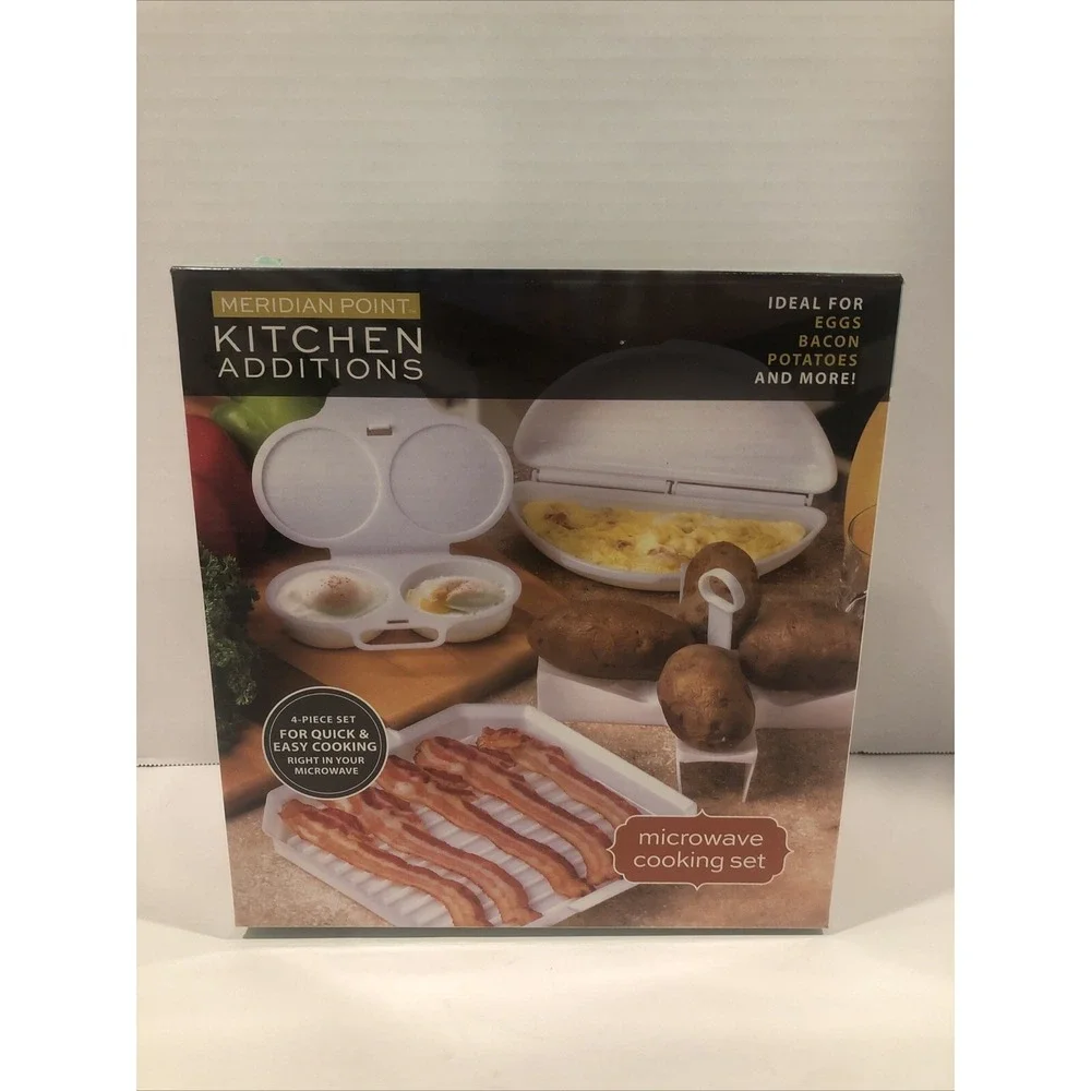4Pcs Microwave Cooking Set‎ with Bacon Baking Plate Egg Steamer Fried Egg NIB